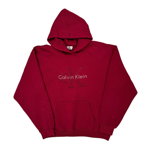 Made In USA Calvin Klein Jeans Spellout Hoodie - Large Red Cotton