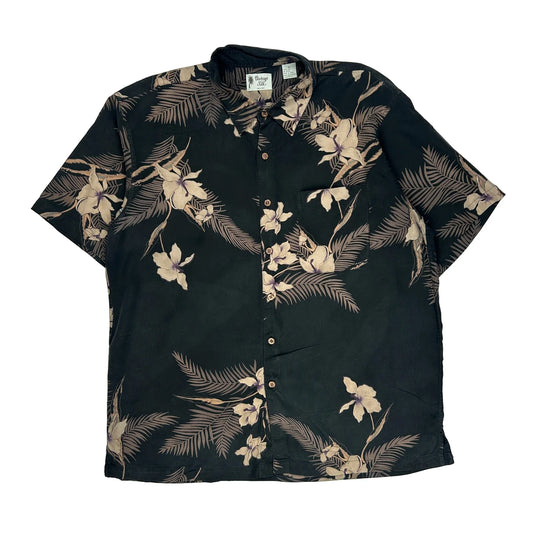 Vintage Silk Floral Hawaiian Shirt - XL Black Silk