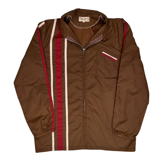 70S Health Striped Track Jacket - Large Brown Nylon