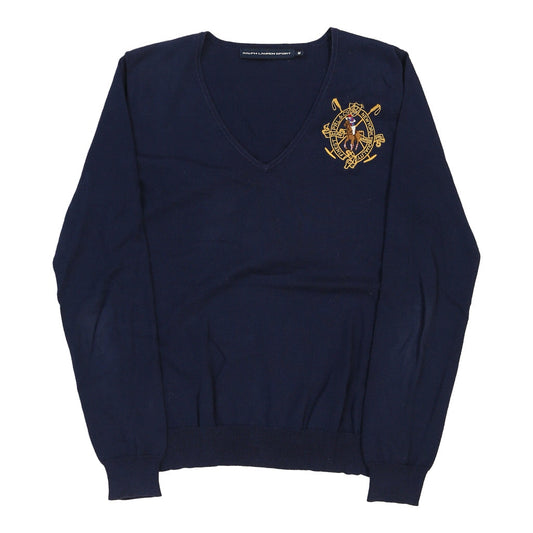 Vintage Ralph Lauren Sport V-neck Jumper - Medium Navy Cotton
