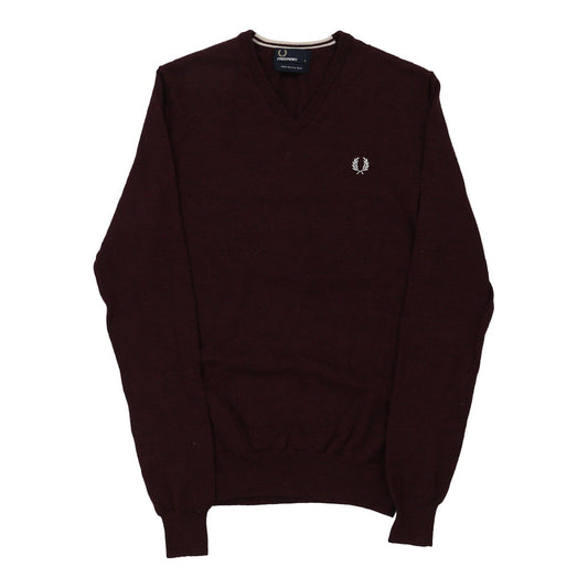 Vintage Fred Perry V-neck Jumper - Small Burgundy Merino Wool