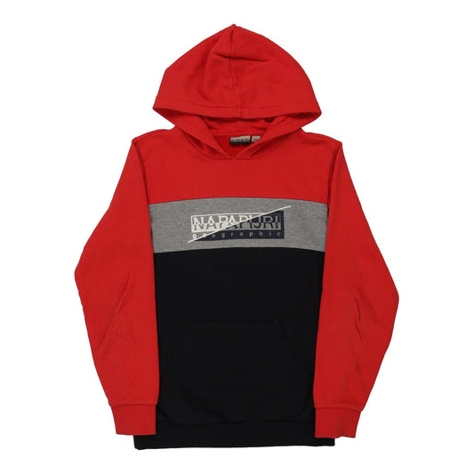 Vintage Age 14 Napapijri Spellout Hoodie - Medium Red Cotton Blend