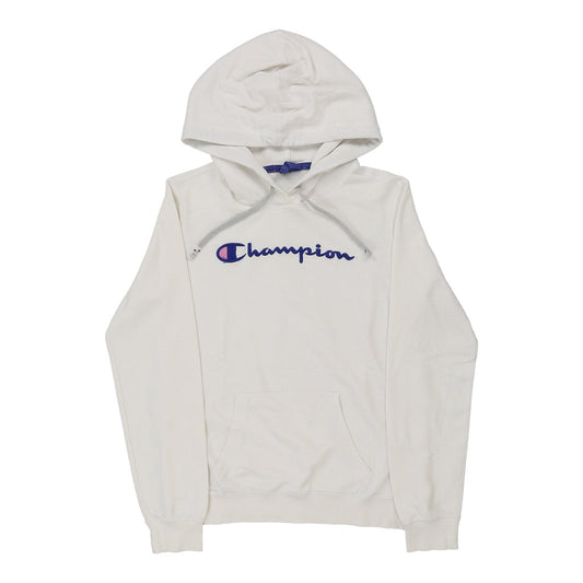 Vintage Champion Spellout Hoodie - Medium White Cotton