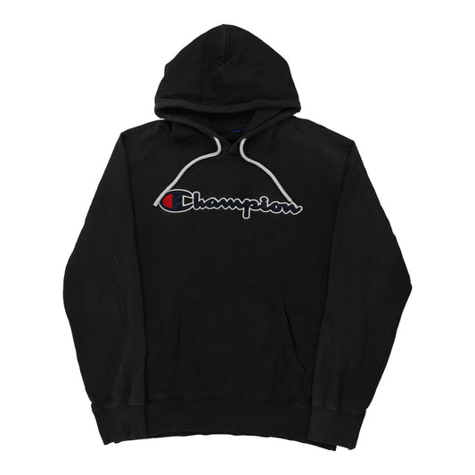 Vintage Champion Spellout Hoodie - Large Black Cotton Blend