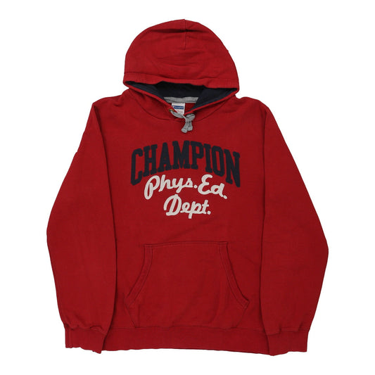Vintage Champion Spellout Hoodie - XL Red Cotton Blend