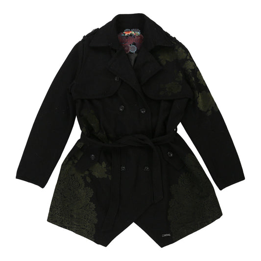 Vintage Desigual Trench Coat - Large Black Wool Blend