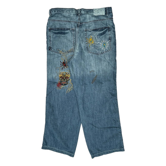 Y2K Embroidered Baggy Jeans - 36W 30L Blue Cotton