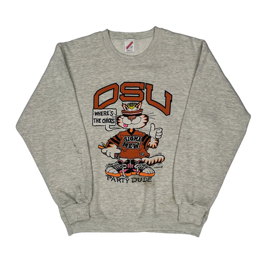 Vintage Osu 'Where'S The Chicks?' Jerzees College Sweatshirt - Large Grey Polyester Blend