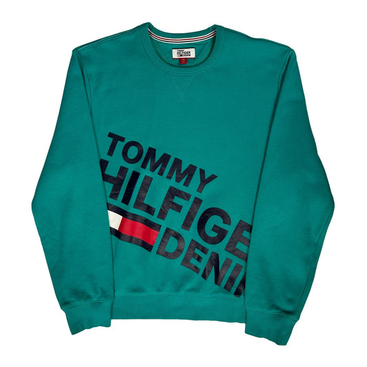 Tommy Hilfiger Denim Spellout Sweatshirt - Large Green Cotton
