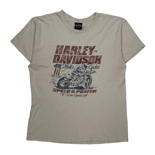 Vintage Motorcycle Harley Davidson Graphic T-Shirt - Large Beige Cotton