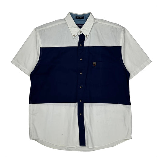 Chino Twill Gant Striped Short Sleeve Shirt - Large Navy Cotton