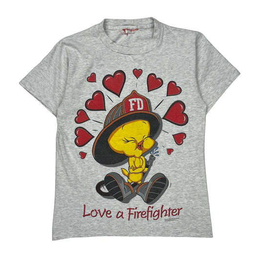 Firefighter Looney Tunes Cartoon T-Shirt - Medium Red Cotton