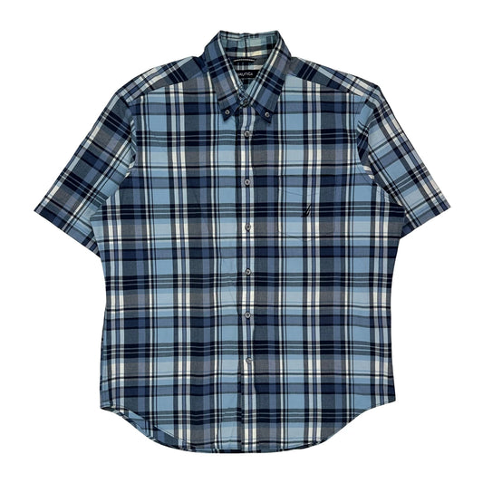 Nautica Checked Short Sleeve Shirt - Large Blue Cotton