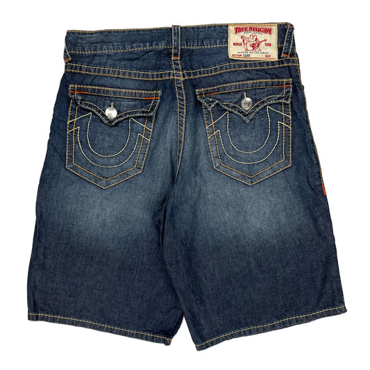 True Religion Contrast Stitch Denim Shorts - 36W 11L Dark Wash Cotton