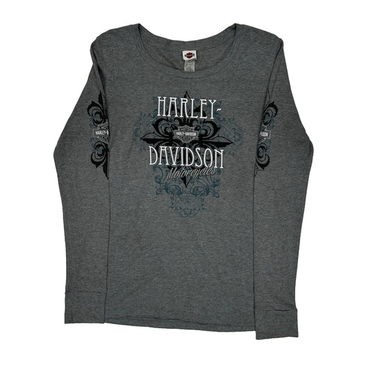 Harley Davidson Graphic Long Sleeve T-Shirt - Large Grey Cotton