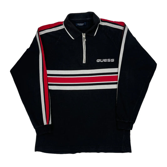 Guess Striped Rugby Shirt - Medium Black Cotton