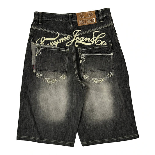 Vintage Spellout Enzyme Baggy Graphic Y2K Denim Shorts - 30W 11L Black Denim