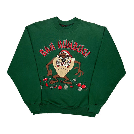 Taz Bah Humbug Looney Tunes Christmas Sweatshirt - Medium Green Cotton