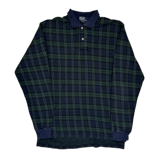 Vintage Polo By Ralph Lauren Checked Long Sleeve Polo Shirt - Medium Blue Cotton