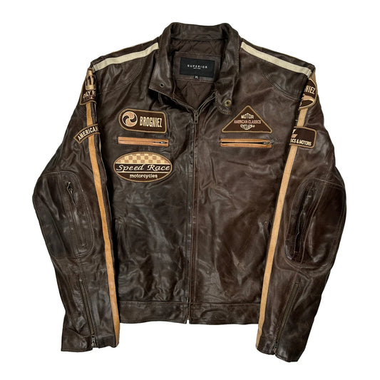 Motorcycle Superior Graphic Leather Jacket - XL Brown Leather