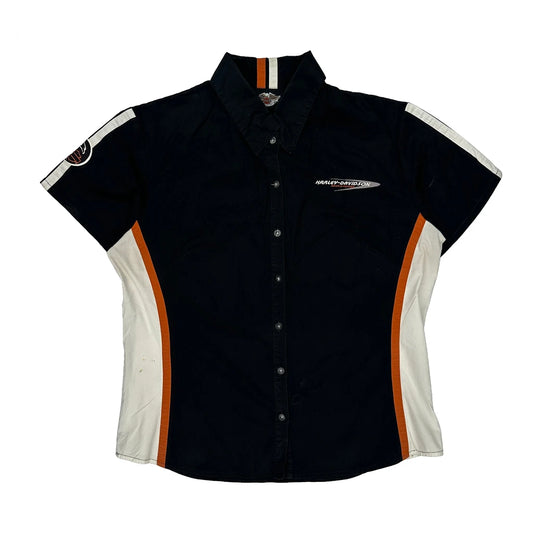 Vintage Harley Davidson Striped Short Sleeve Shirt - Large Black Cotton
