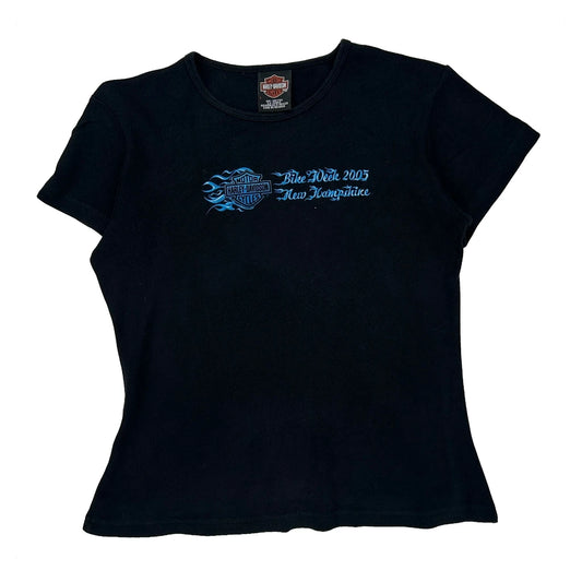 Vintage Blue Week 2005 New Hampshire Harley Davidson Graphic T-Shirt - Large Black Cotton