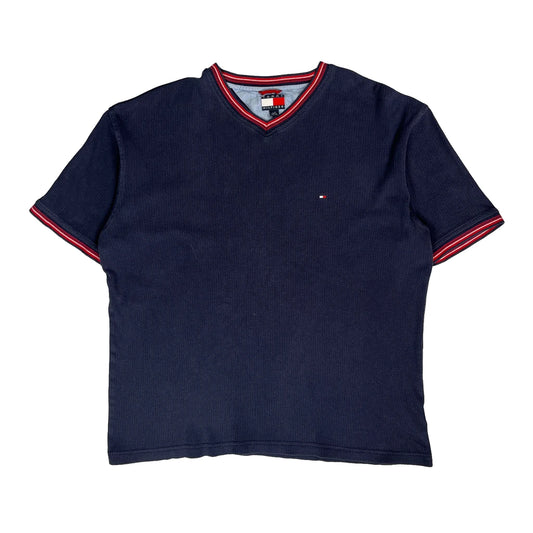 Vintage Tommy Hilfiger V-Neck T-Shirt - Large Navy Cotton
