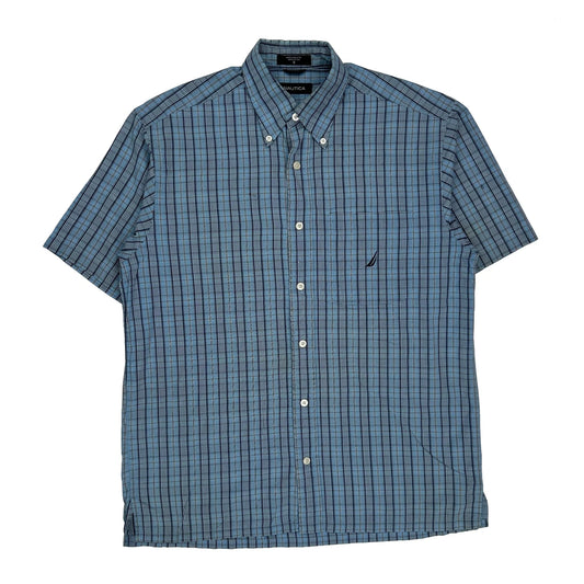 Vintage Nautica Checked Short Sleeve Shirt - Small Blue Cotton