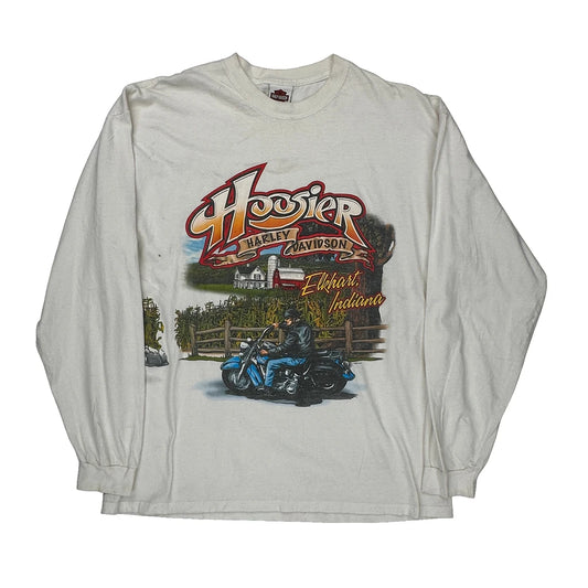 Hoosier Harley Davidson Elkhart Indiana Harley Davidson Graphic Long Sleeve T-Shirt - 2XL White Cotton