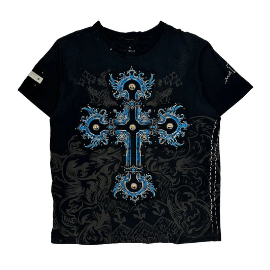 Vintage Cross Design Y2K Rebel Spirit Graphic T-Shirt - XL Black Cotton