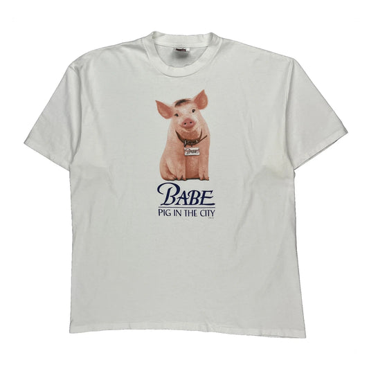 Babe Pig In The City Oneita Cartoon T-Shirt - XL White Cotton