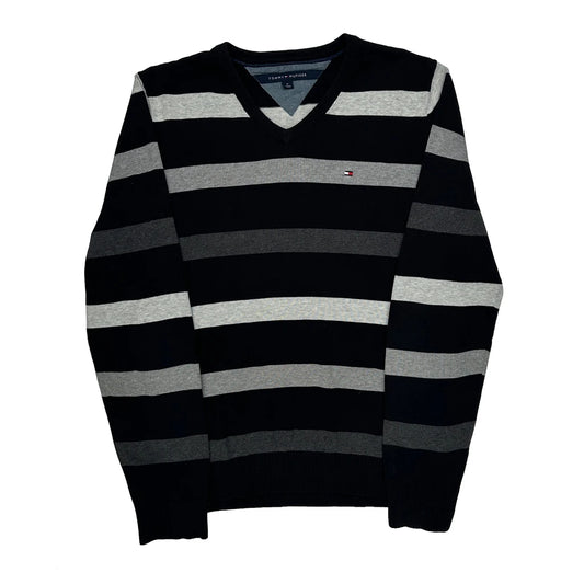 Vintage Tommy Hilfiger Striped Jumper - Medium Black Cotton
