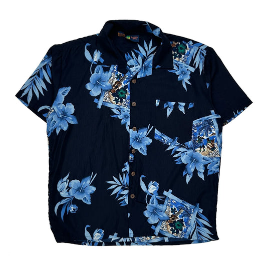 Vintage Roundy Bay Floral Hawaiian Shirt - Large Blue Polyester