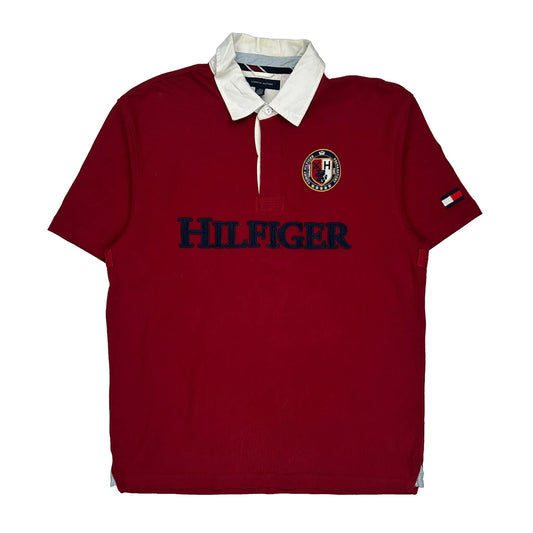 Vintage Number 8 Tommy Hilfiger Spellout Rugby Shirt - XL Red Cotton