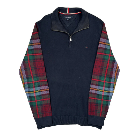 Vintage Tommy Hilfiger Checked 1/4 Zip - Large Navy Cotton