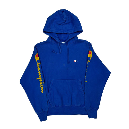 Vintage Reverse Weave Champion Spellout Hoodie - Medium Blue Cotton