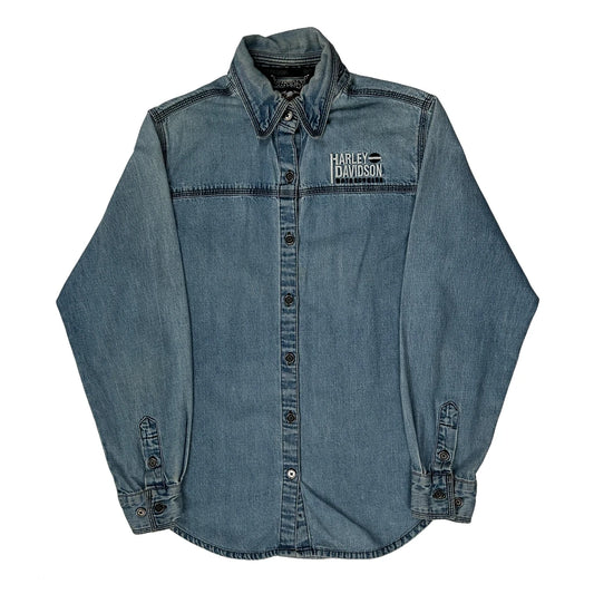 Harley Davidson Spellout Denim Shirt - XS Light Wash Denim