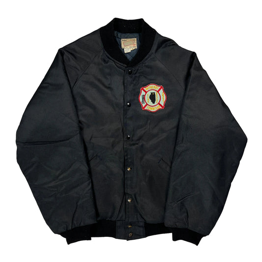 90S Made In USA Fire Department Badger Sport Satin Varsity Jacket - XL Black Polyester