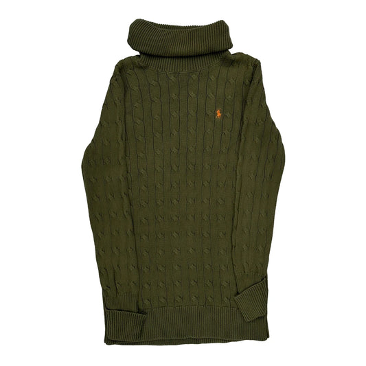 Cable Knit Ralph Lauren Sport Roll Neck Dress Jumper - Small Green Cotton