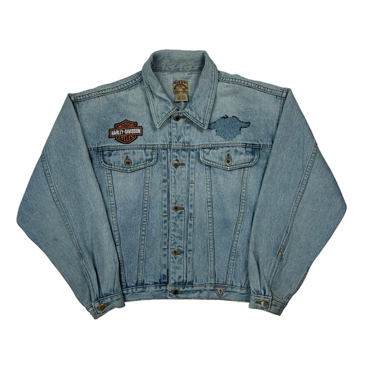Harley Davidson Patch Guess Graphic Denim Jacket - Large Light Wash Cotton