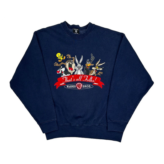 Looney Tunes Warner Bros Graphic Sweatshirt - Large Navy Cotton Blend
