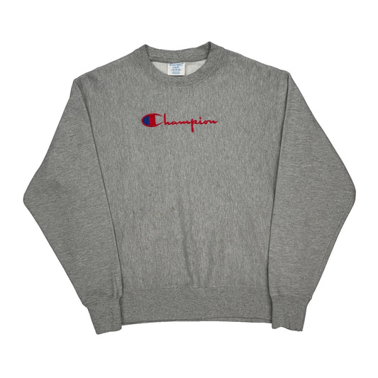 Reverse Weave Champion Spellout Sweatshirt - Large Grey Cotton Blend