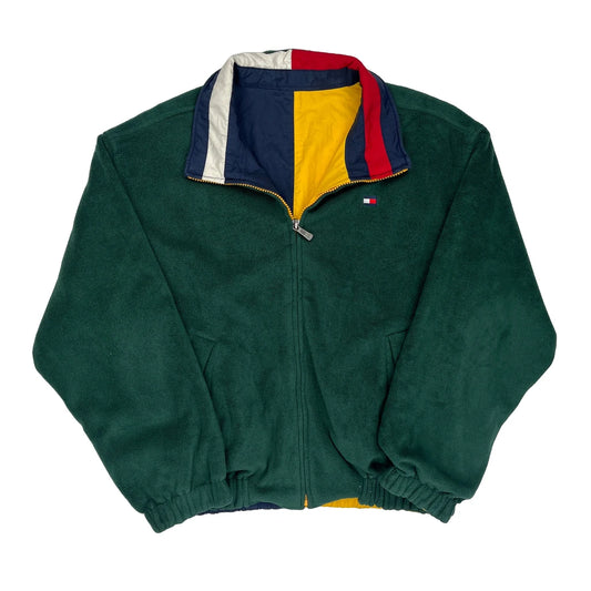 Tommy Hilfiger Reversible Spellout Fleece Jacket - Large Green Polyester