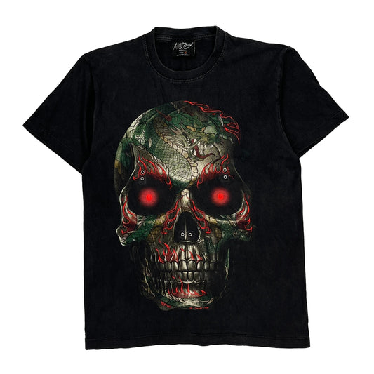Skull With Snake And Red Eyes Rock Chang Single Stitch T-Shirt - Medium Black Cotton