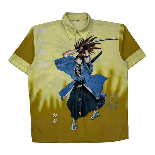 Samurai Anime Unbranded Graphic Short Sleeve Shirt - Large Blue Cotton