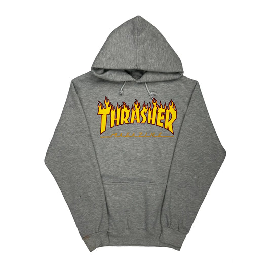 Vintage Flame Logo Thrasher Graphic Hoodie - Small Grey Cotton