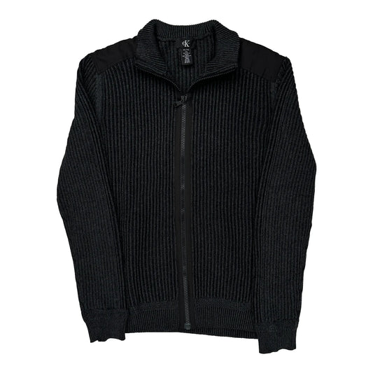 Y2K Calvin Klein Ribbed Knit Zip Up - XL Black Cotton