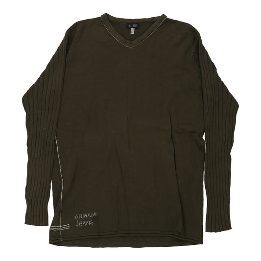 Vintage Armani Jeans V-neck Long Sleeve T-Shirt - 2XL Brown Cotton