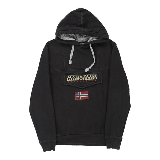 Vintage Napapijri Graphic Hoodie - Small Black Cotton Blend