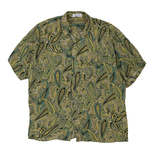 Vintage Blue Bird Patterned Shirt - XL Green Silk